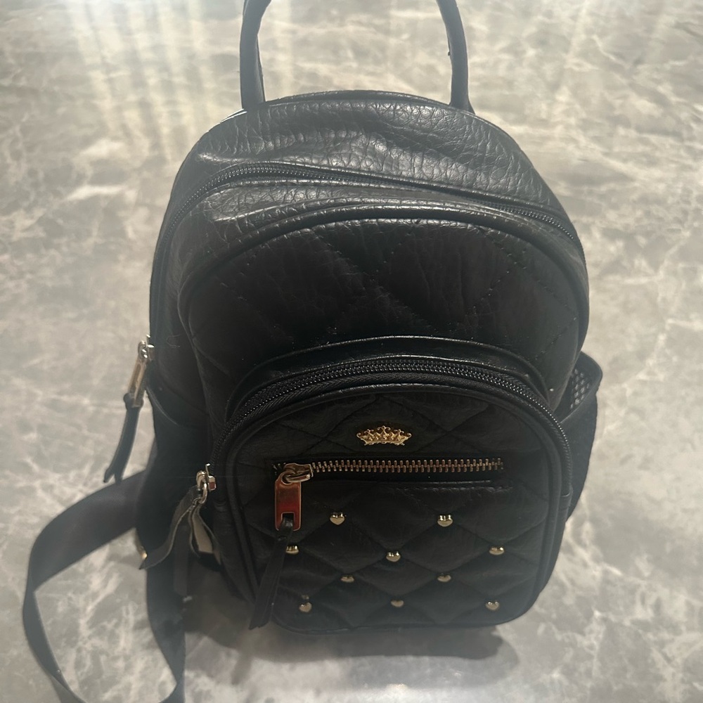 Juicy Couture Black Leather Mini Backpack w/ Gold Chain & Rainbow Letter Charms